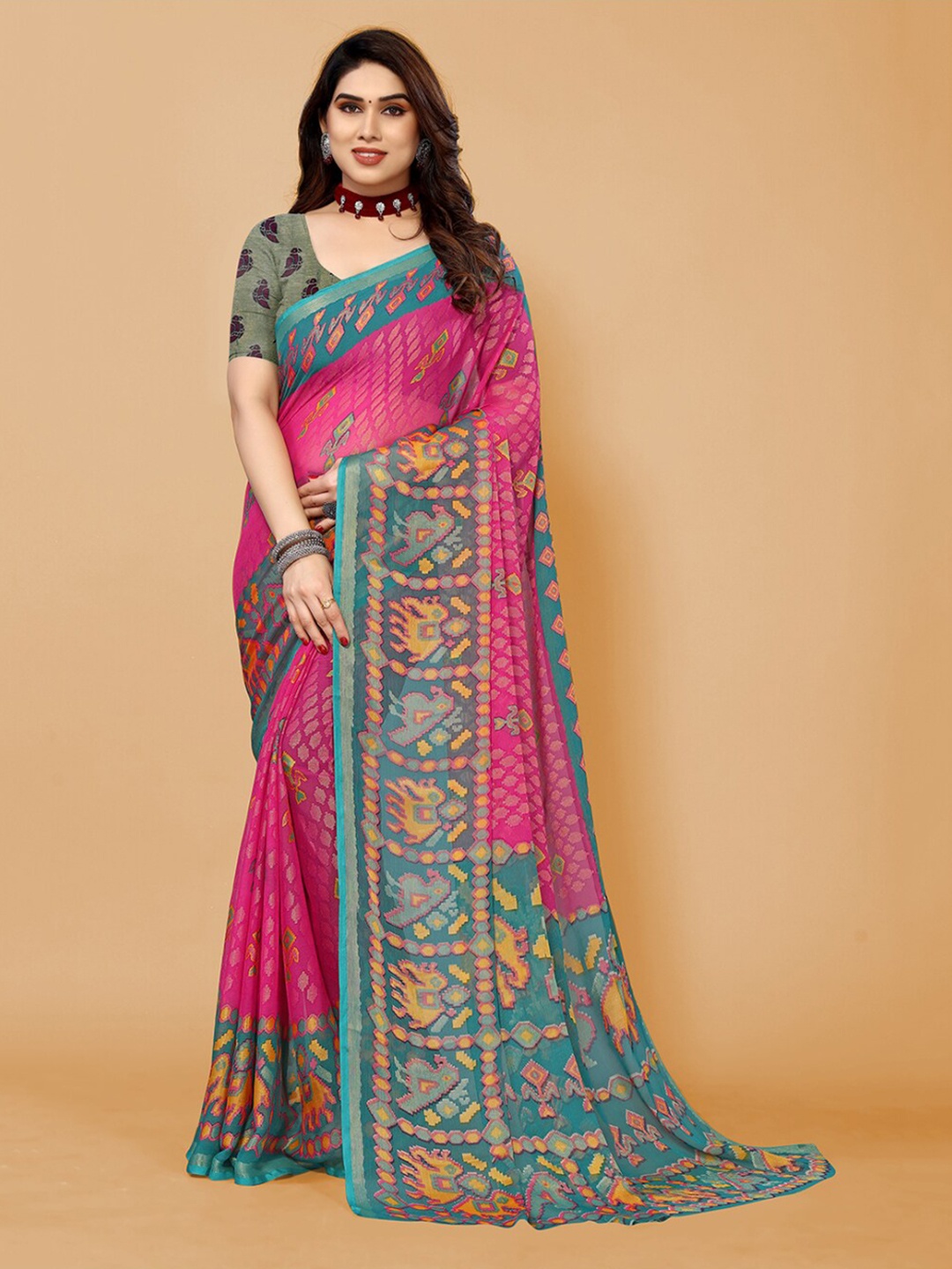 

FABMORA Ethnic Motifs Printed Poly Chiffon Saree, Pink