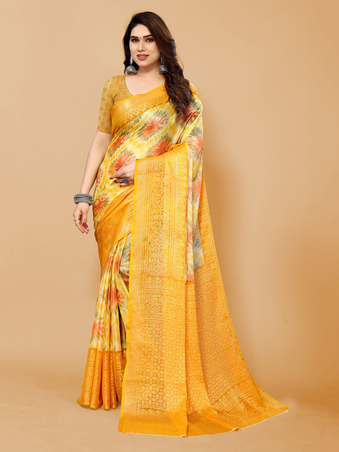 

FABMORA Tie & Dye Zari Poly Chiffon Saree, Yellow