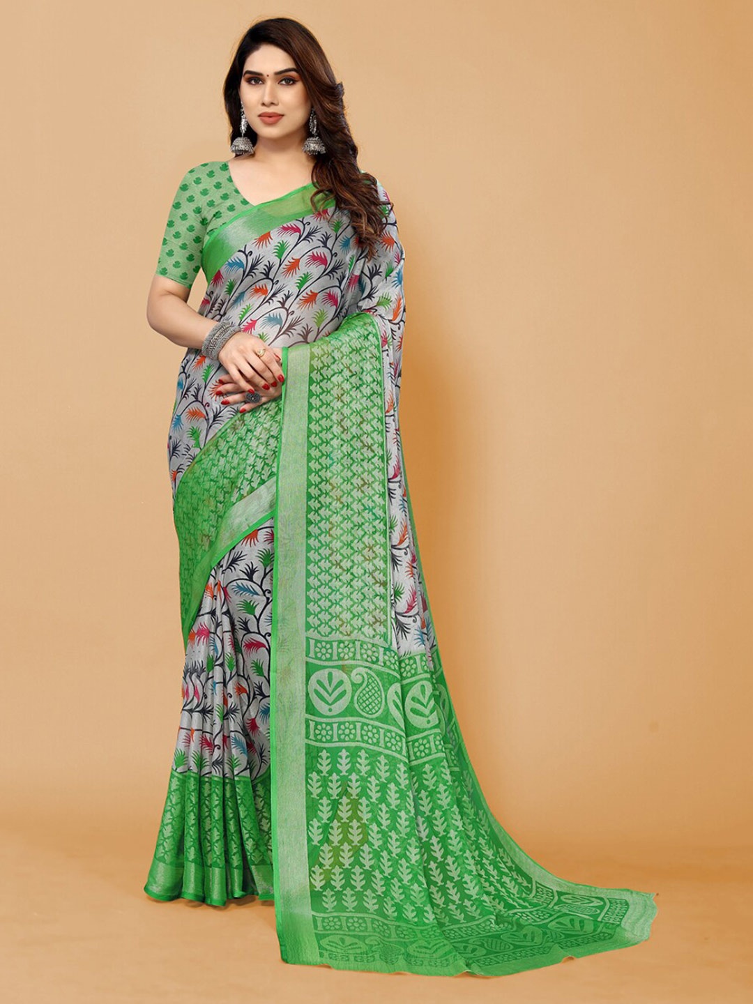 

FABMORA Floral Zari Poly Chiffon Saree, Green