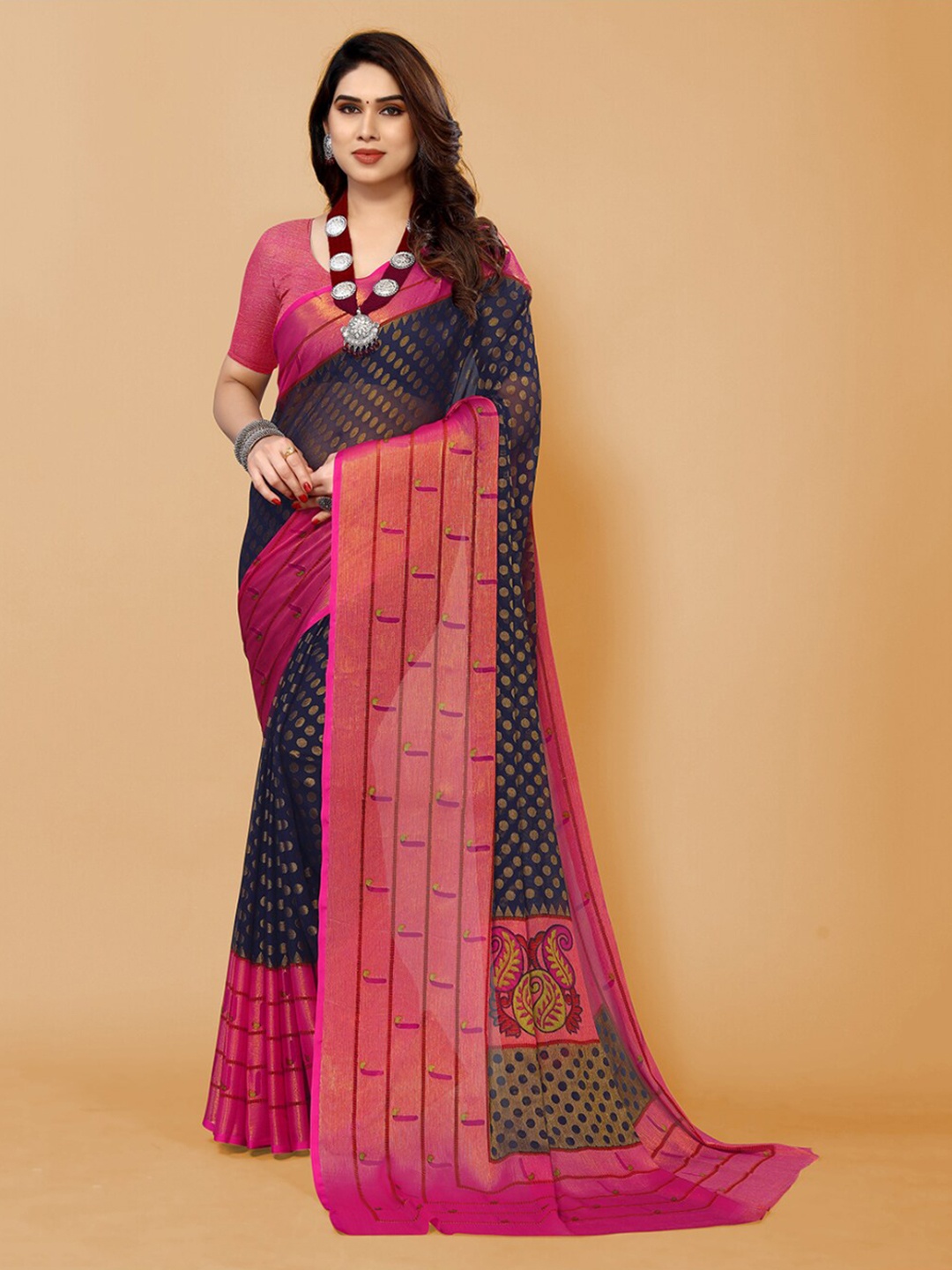 

FABMORA Polka Dots Printed Zari Saree, Black