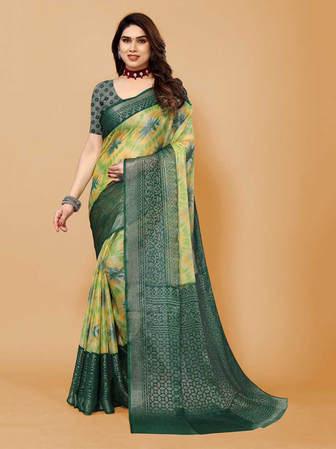 

FABMORA Tie and Dye Zari Poly Chiffon Saree, Green