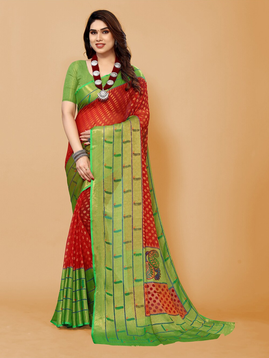 

FABMORA Polka Dot Zari Poly Chiffon Saree, Red