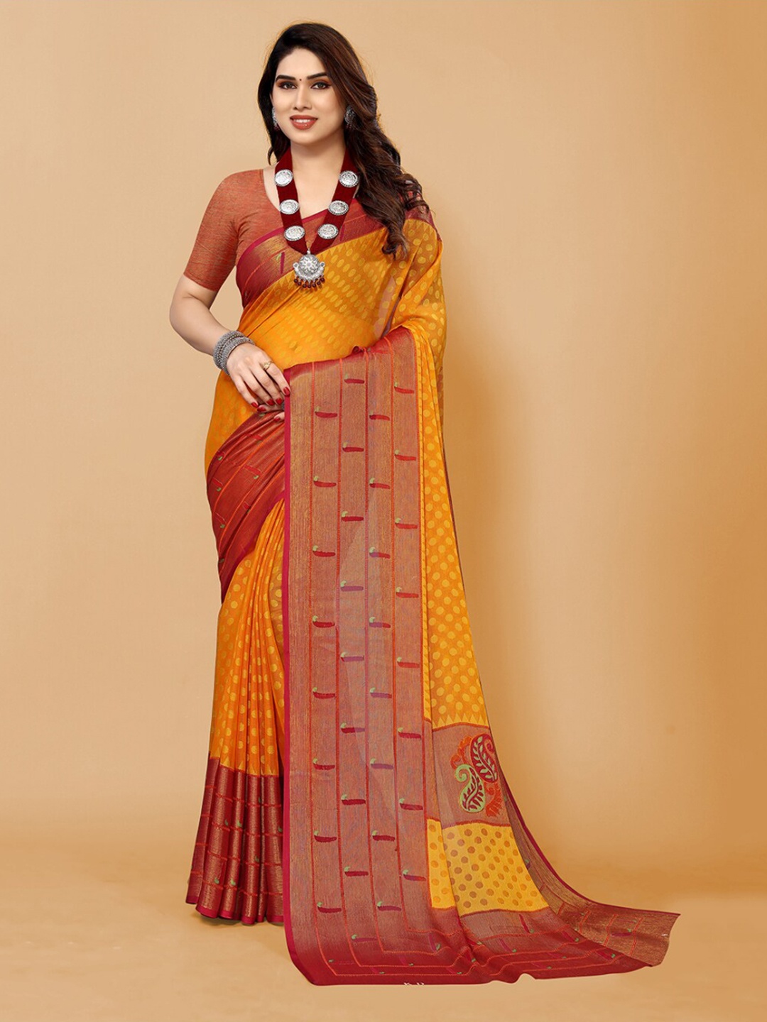 

FABMORA Polka Dots Printed Zari Poly Chiffon Saree, Yellow