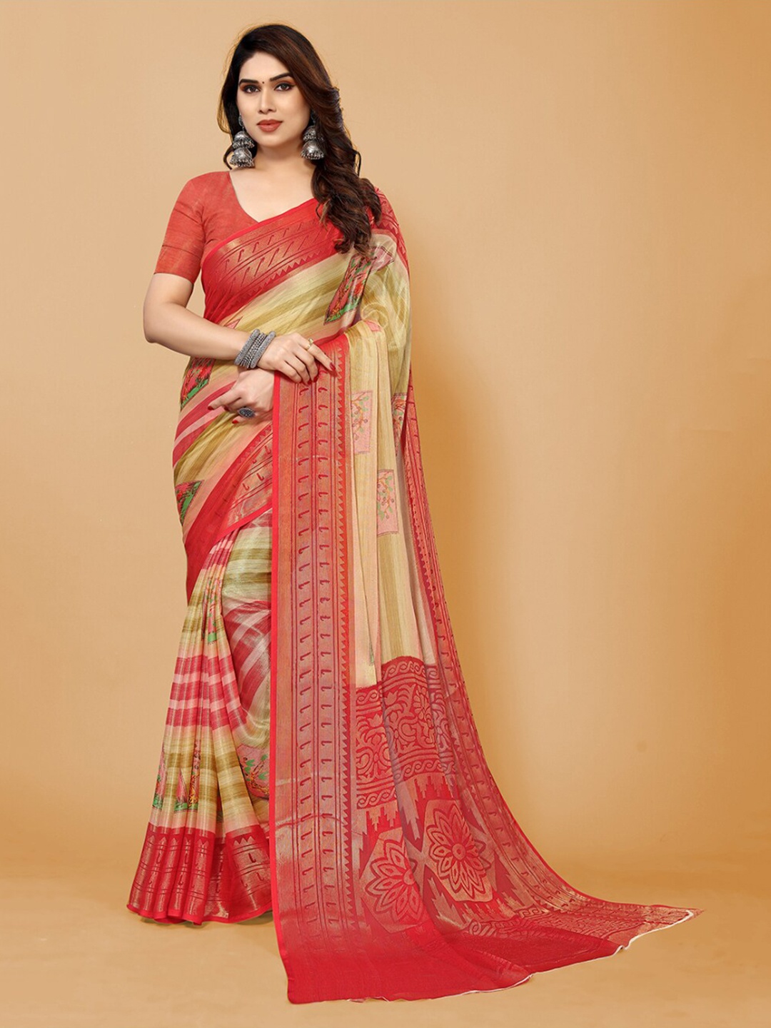 

FABMORA Ethnic Motifs Printed Zari Poly Chiffon Saree, Cream