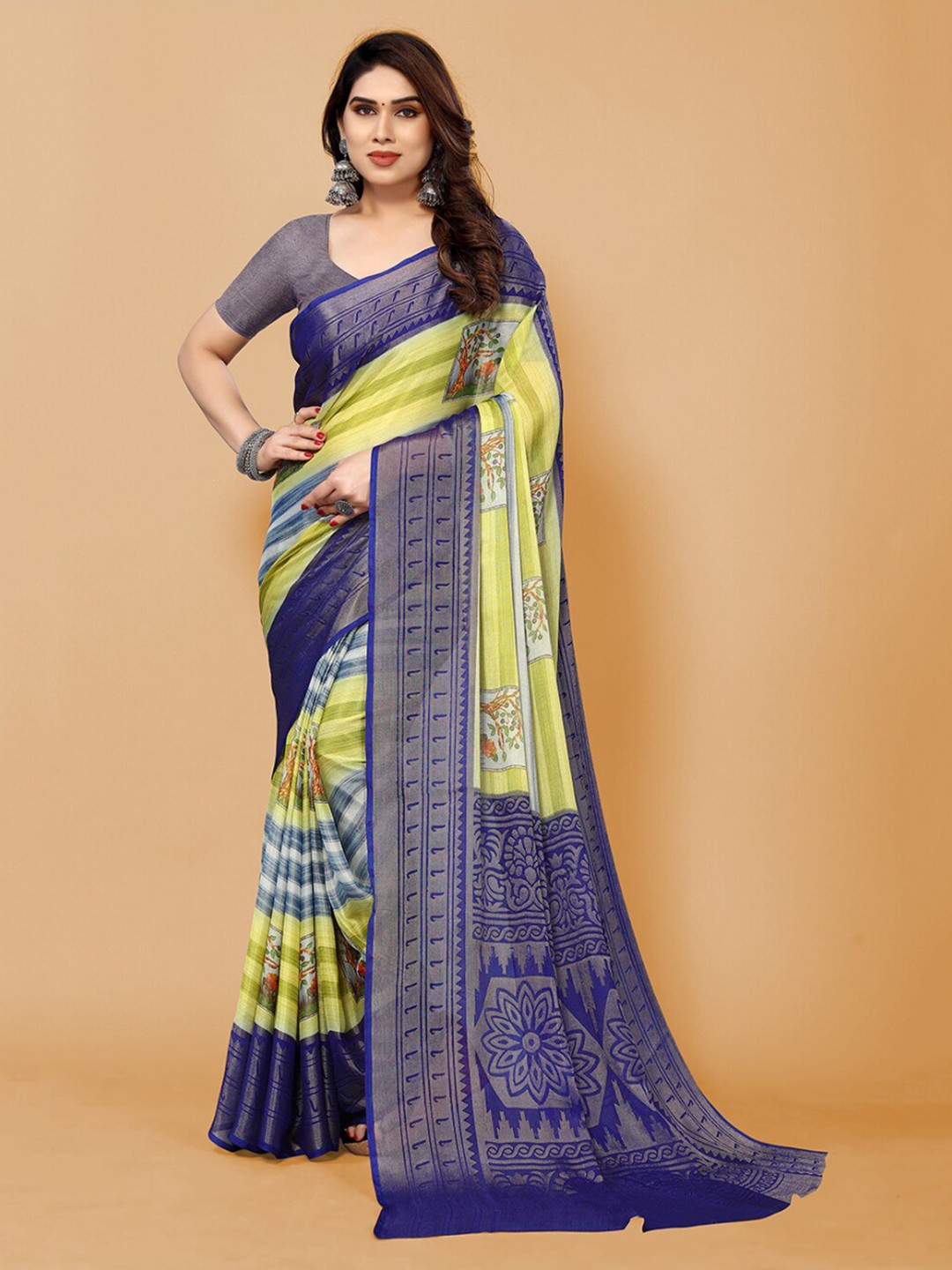 

FABMORA Ethnic Motifs Printed Zari Poly Chiffon Saree, Green