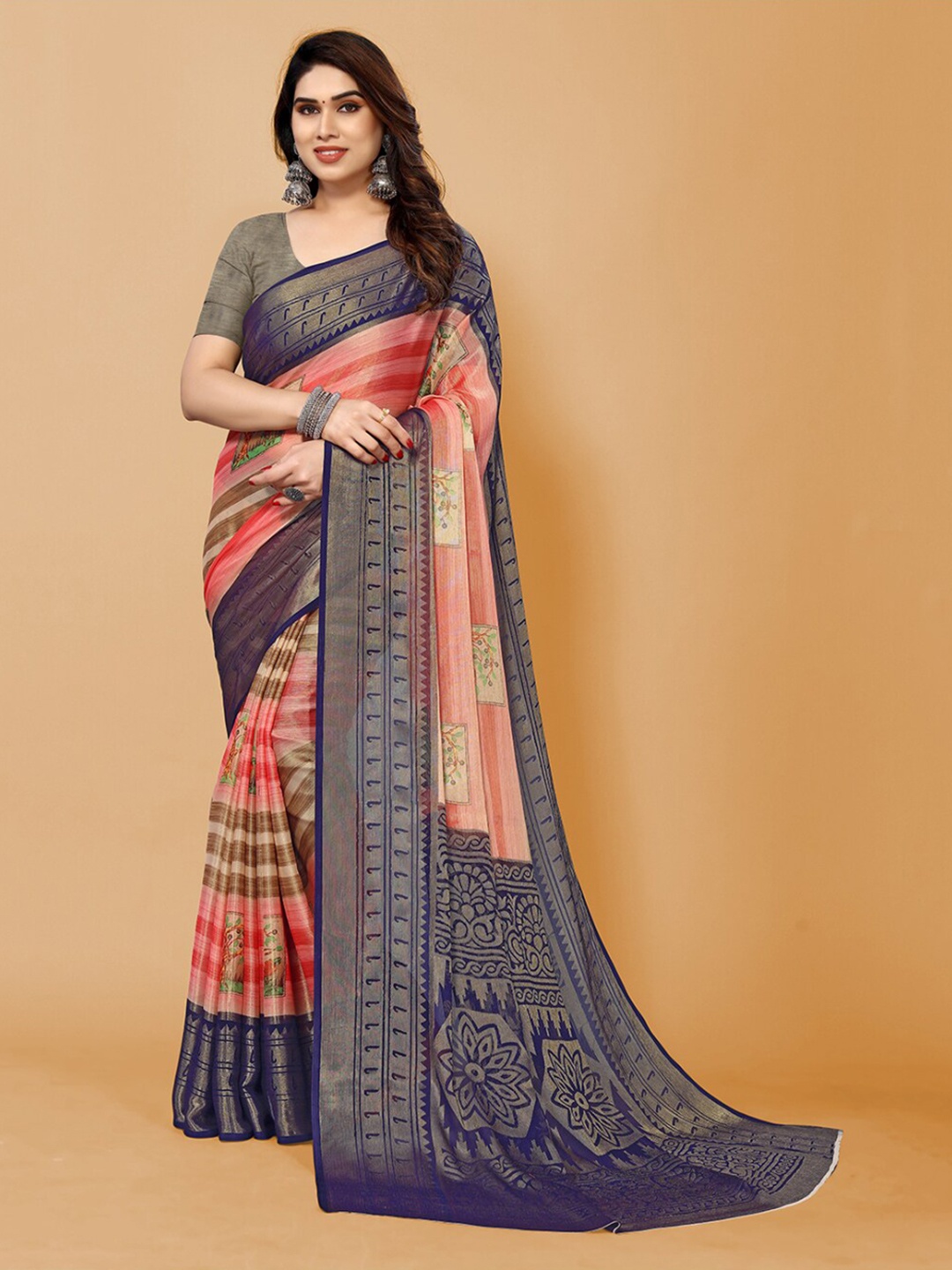 

FABMORA Floral Printed Zari Poly Chiffon Saree, Red