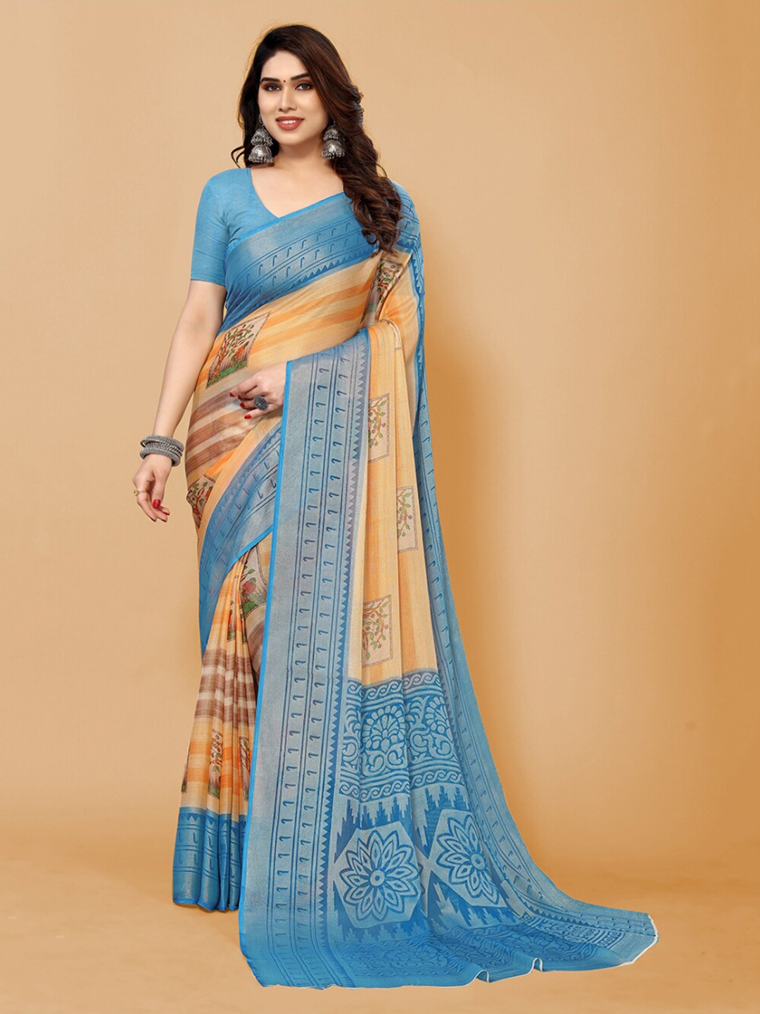 

FABMORA Ethnic Motifs Printed Zari Poly Chiffon Saree, Blue