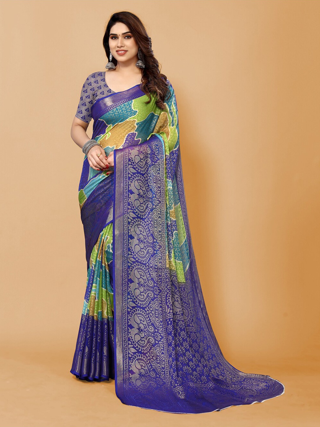 

FABMORA Abstract Printed Zari Poly Chiffon Saree, Blue