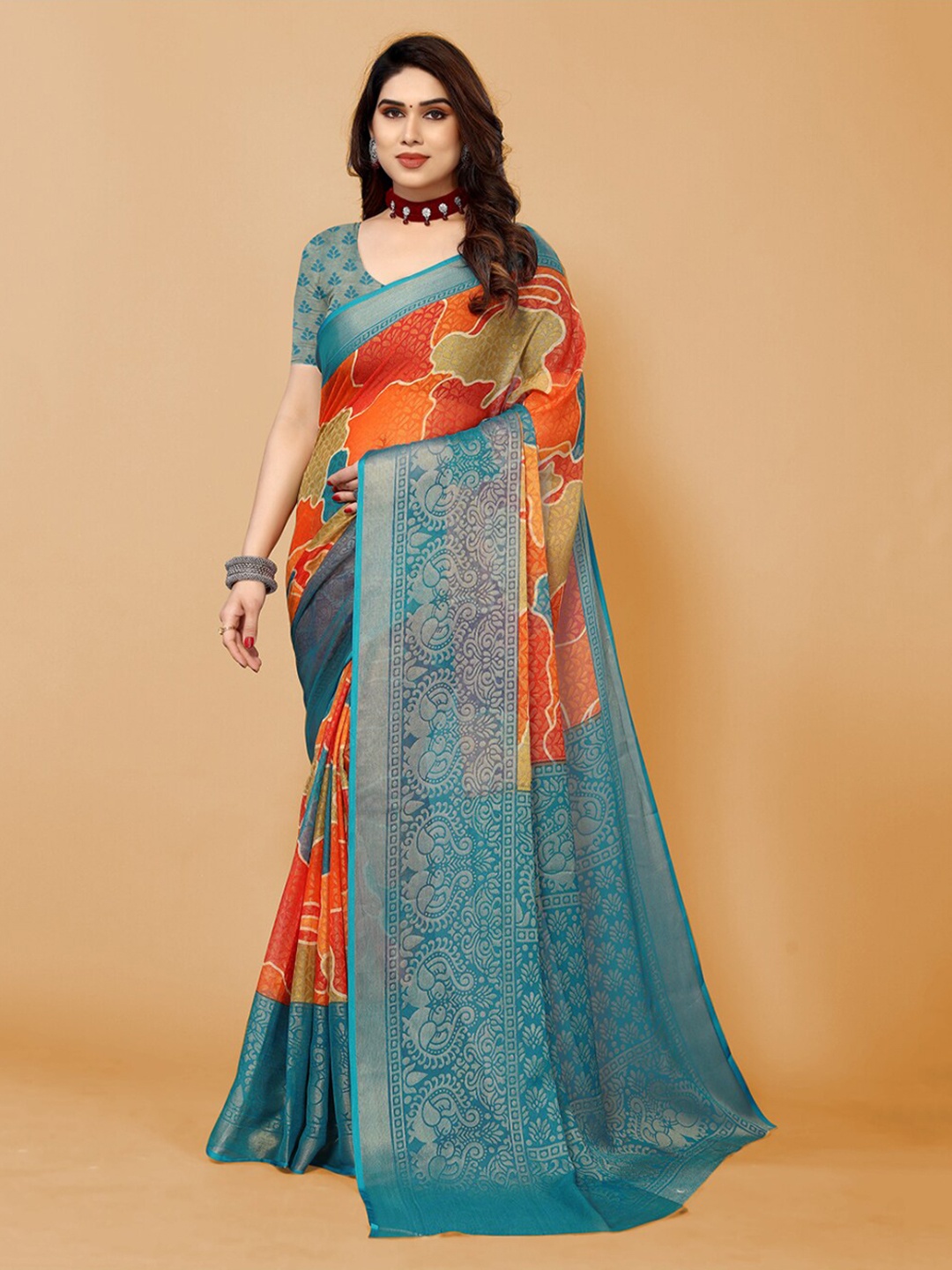 

FABMORA Abstract Printed Zari Poly Chiffon Saree, Blue