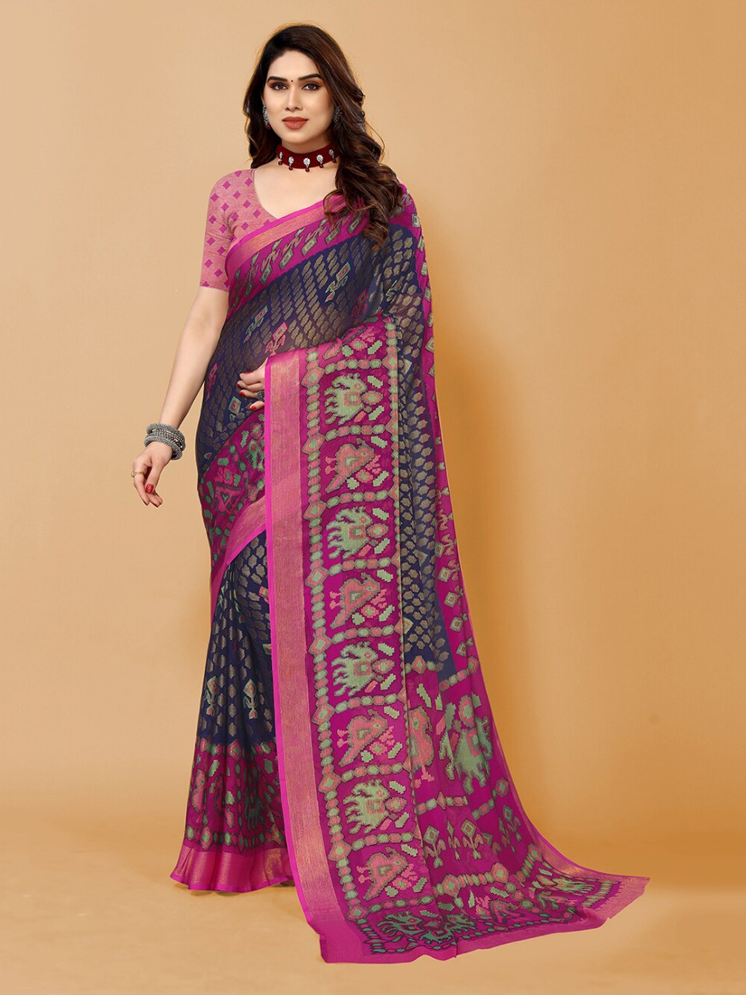 

FABMORA Ethnic Motifs Printed Zari Poly Chiffon Saree, Purple