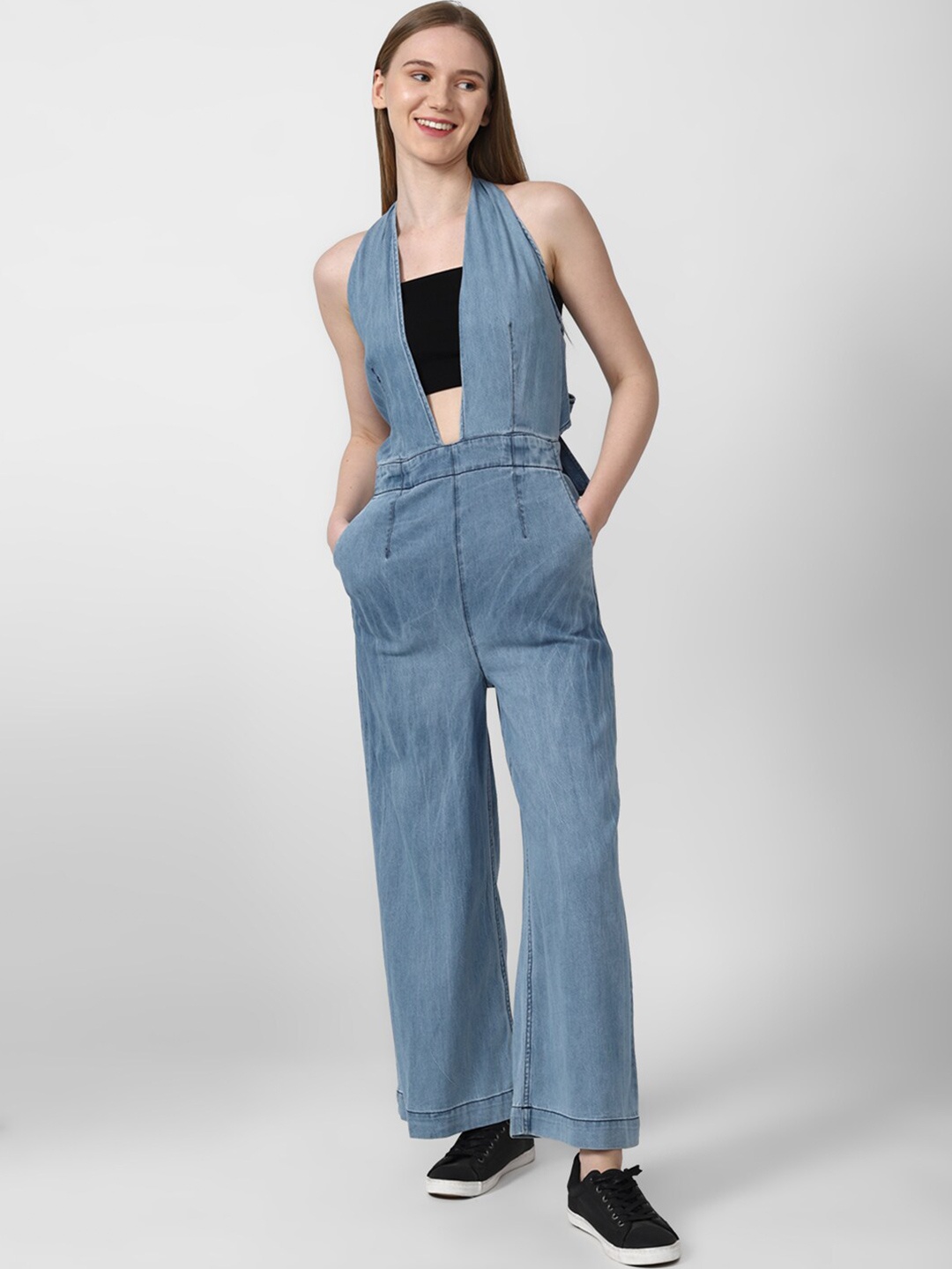 

FOREVER 21 Blue Halter Neck Basic Jumpsuit