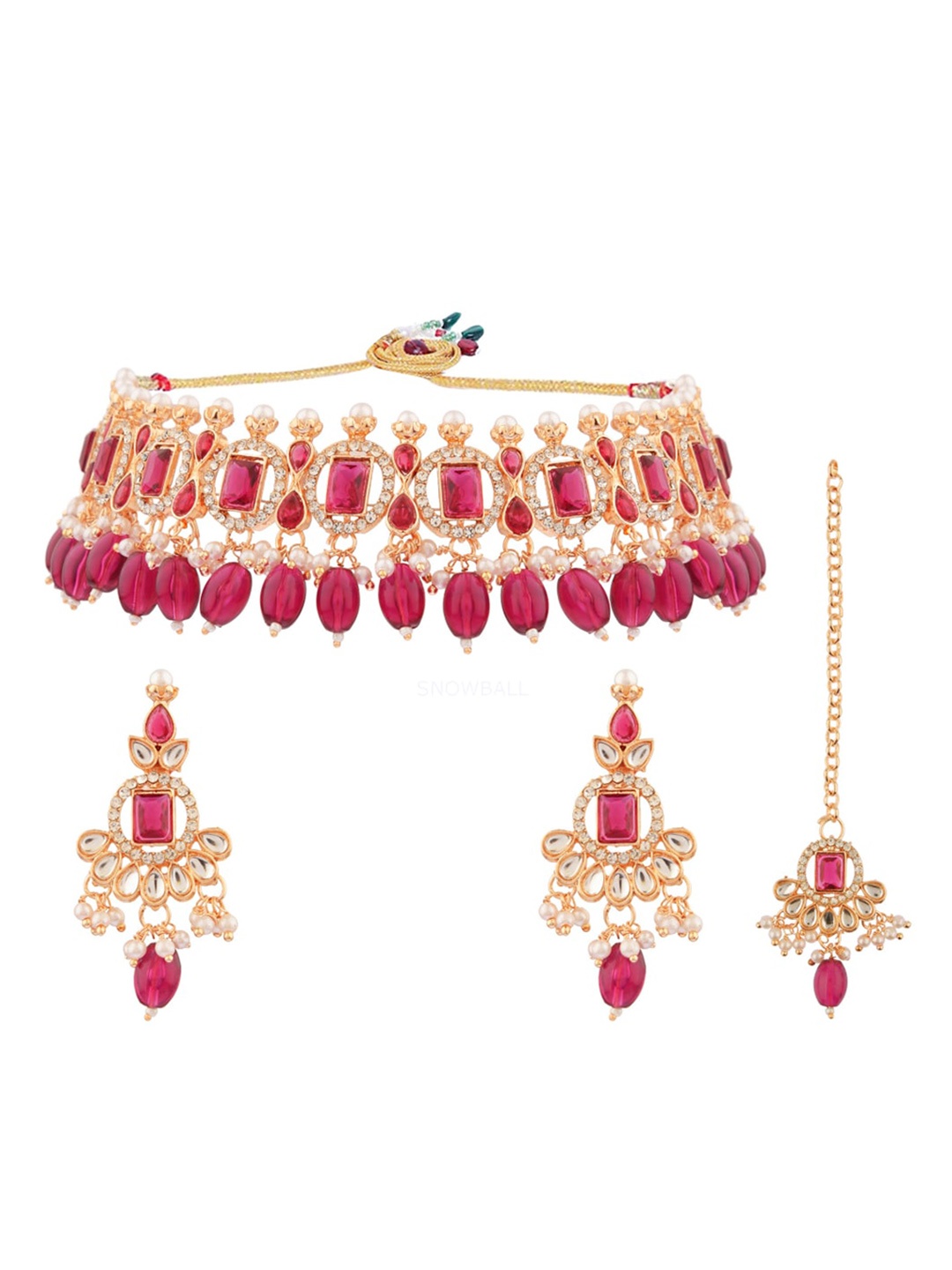 

FEMMIBELLA Gold-Plated Necklace and Earrings With Maang Tika