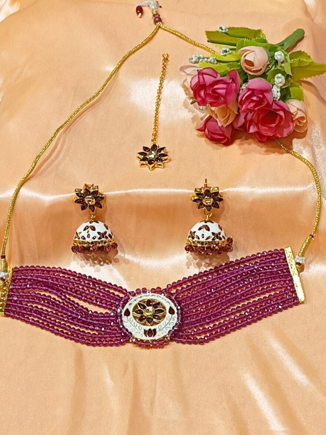 

FEMMIBELLA Gold-Plated Stone Studded & Beaded Meenakari Choker Jewellery Set