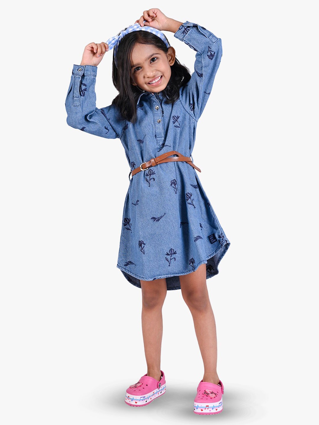 

TALES & STORIES Girls Floral Embroidered Cuffed Sleeves Cotton Shirt Dress, Blue