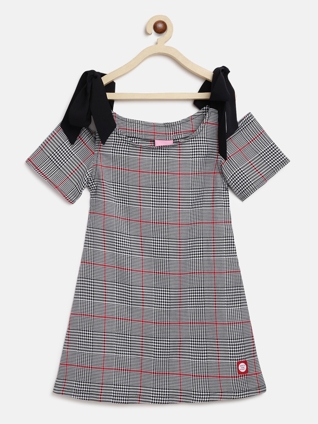 

TALES & STORIES Infant Checked Cold-Shoulder Sleeves Cotton A-Line Dress, Black