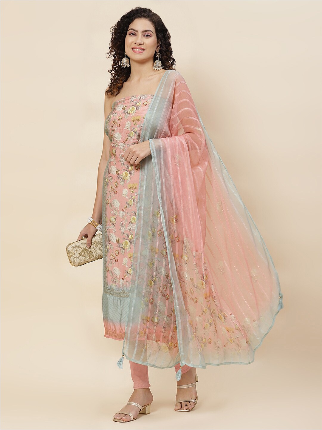 

Meena Bazaar Floral Printed Unstitched Dress Material, Peach