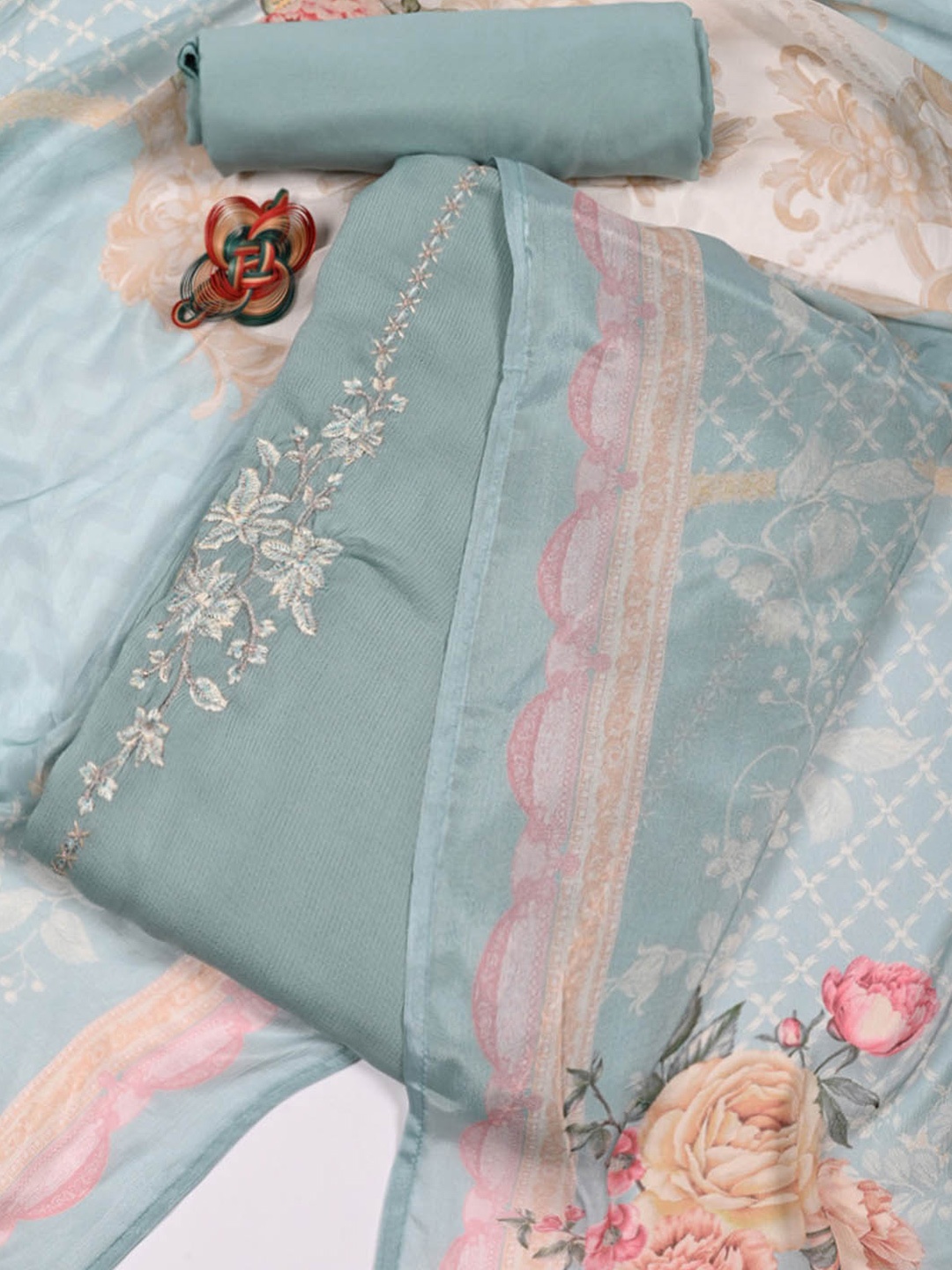 

Meena Bazaar Ethnic Motifs Embroidered Unstitched Dress Material, Sea green