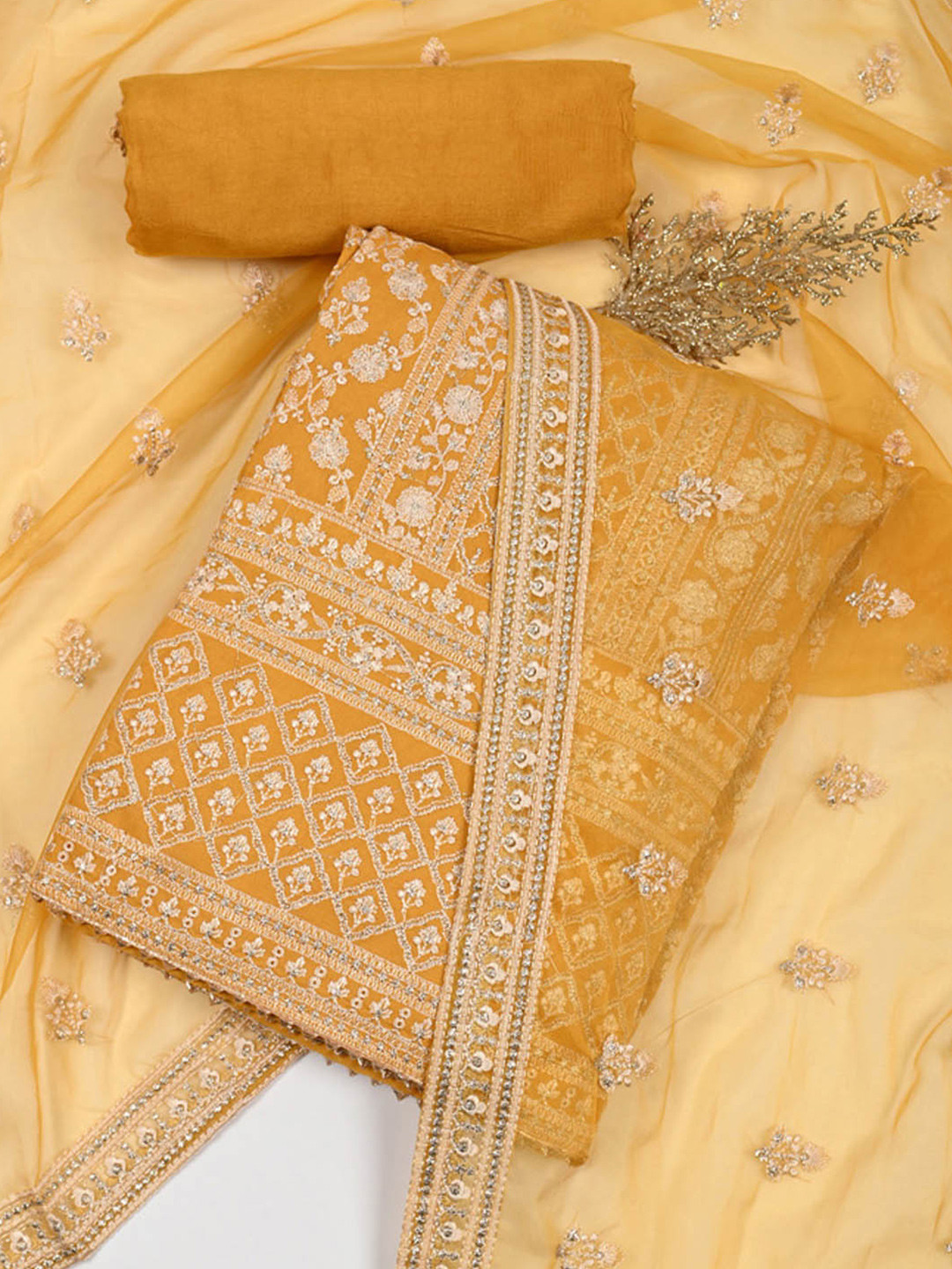 

Meena Bazaar Floral Embroidered Organza Unstitched Dress Material, Mustard