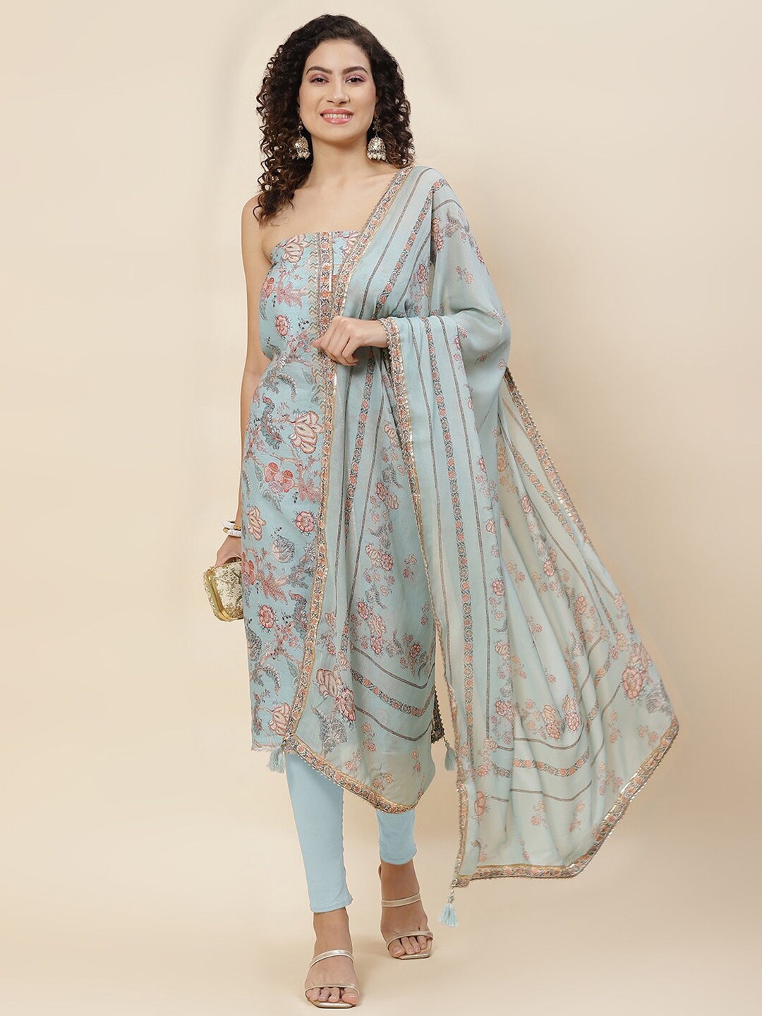 

Meena Bazaar Floral Printed Gotta Patti Linen Unstitched Dress Material, Blue