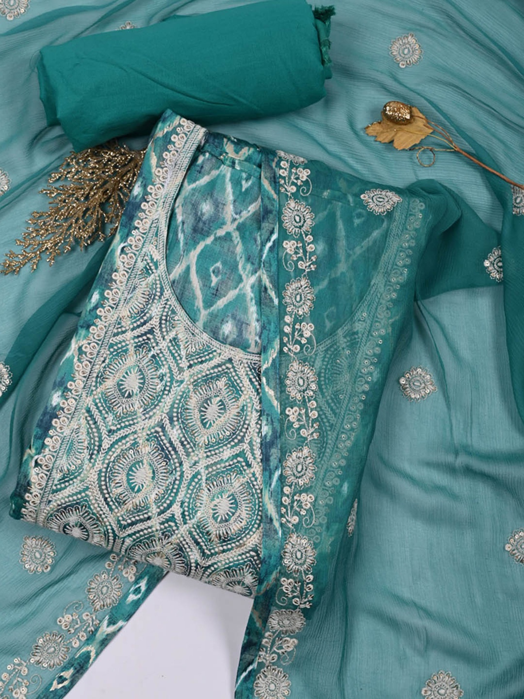 

Meena Bazaar Ethnic Motifs Sequinned Embroidered Unstitched Dress Material, Blue