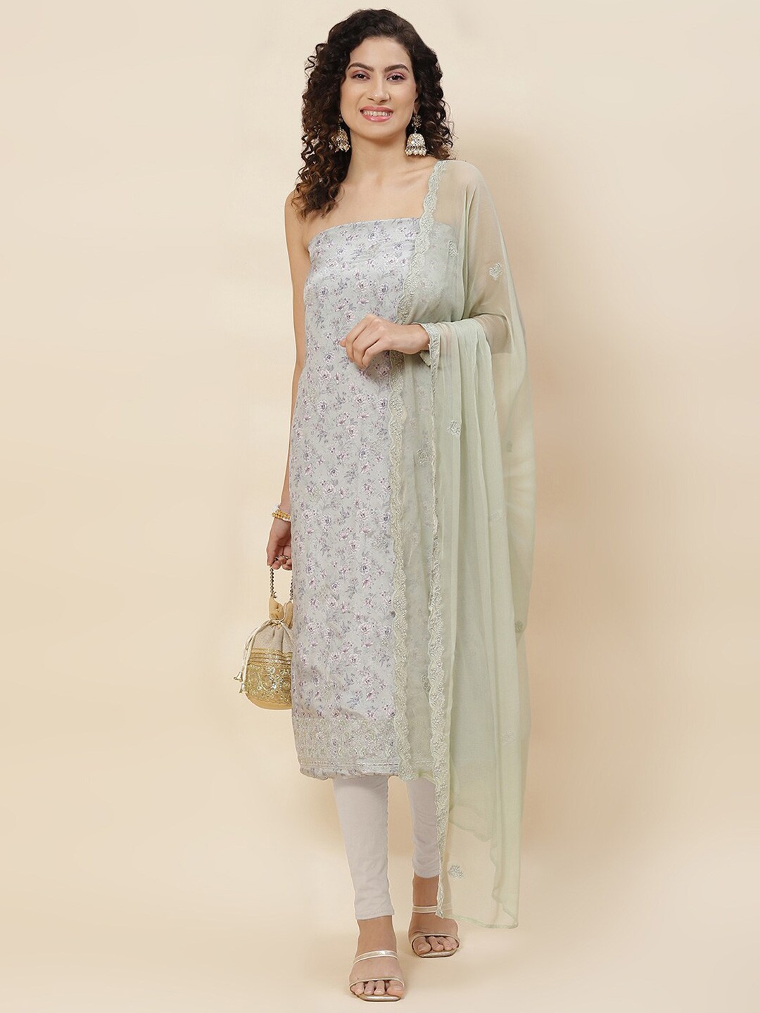 

Meena Bazaar Floral Printed Unstitched Dress Material, Green
