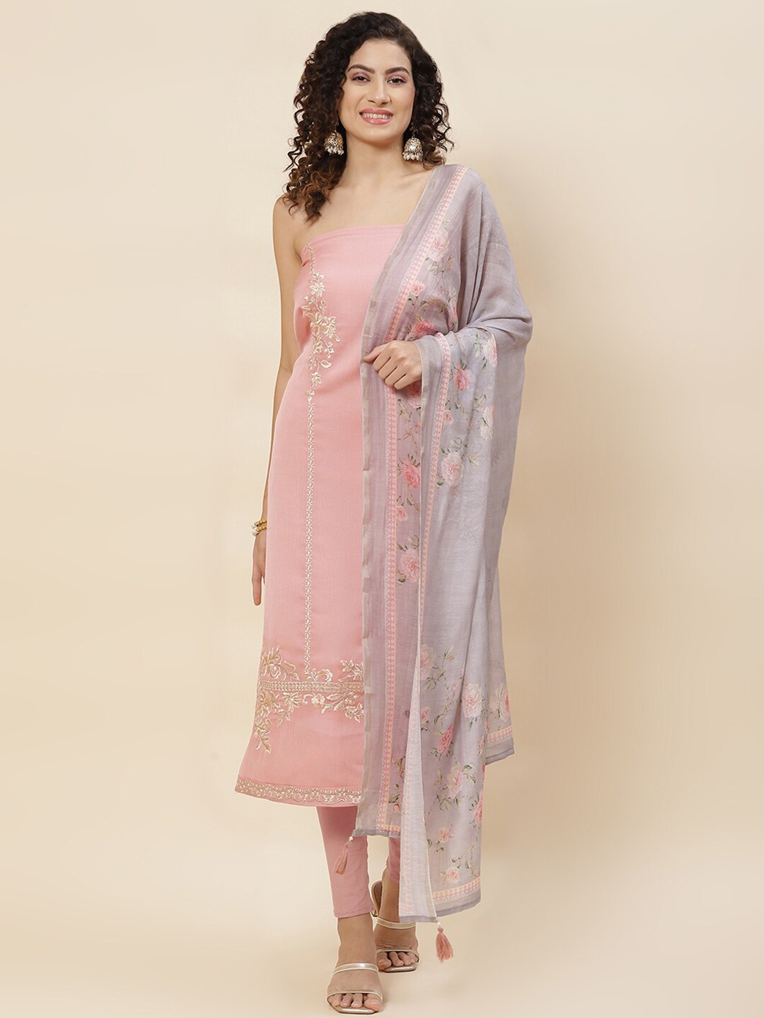 

Meena Bazaar Floral Embroidered Unstitched Dress Material, Peach