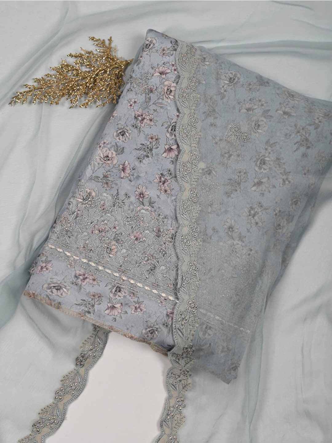 

Meena Bazaar Floral Printed Beads & Stones Unstitched Dress Material, Grey