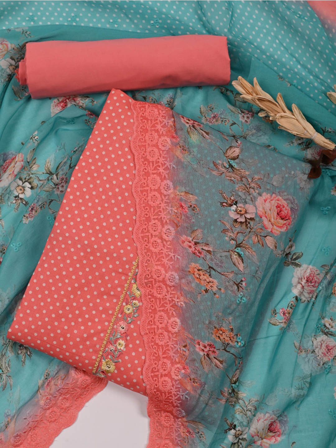 

Meena Bazaar Polka Dot Printed Unstitched Dress Material, Peach