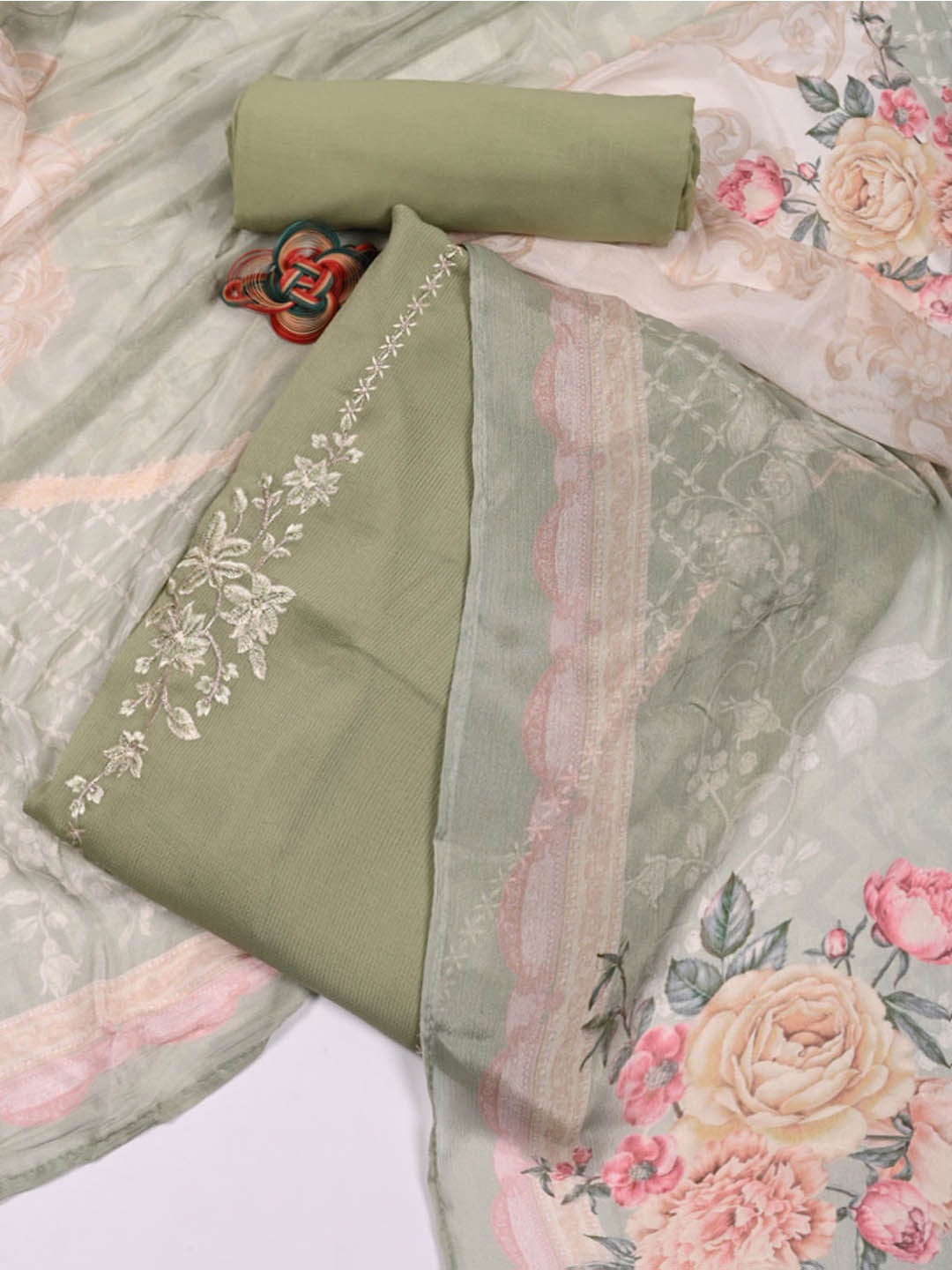 

Meena Bazaar Floral Embroidered Unstitched Dress Material, Green