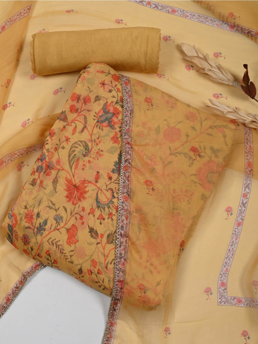 

Meena Bazaar Ethnic Printed Organza Unstitched Dress Material, Yellow