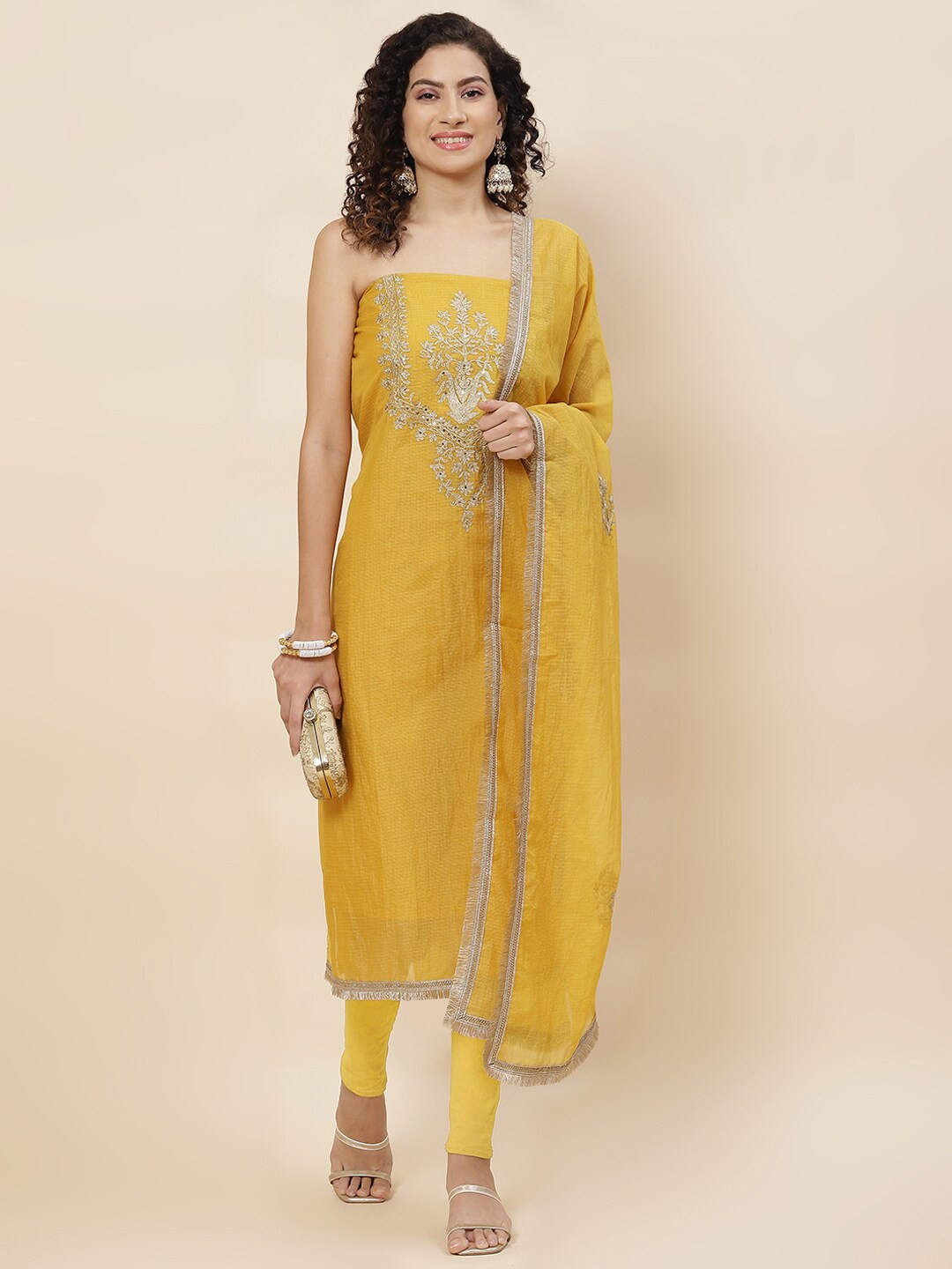 

Meena Bazaar Ethnic Motifs Embroidered Yoke Design Unstitched Dress Material, Mustard