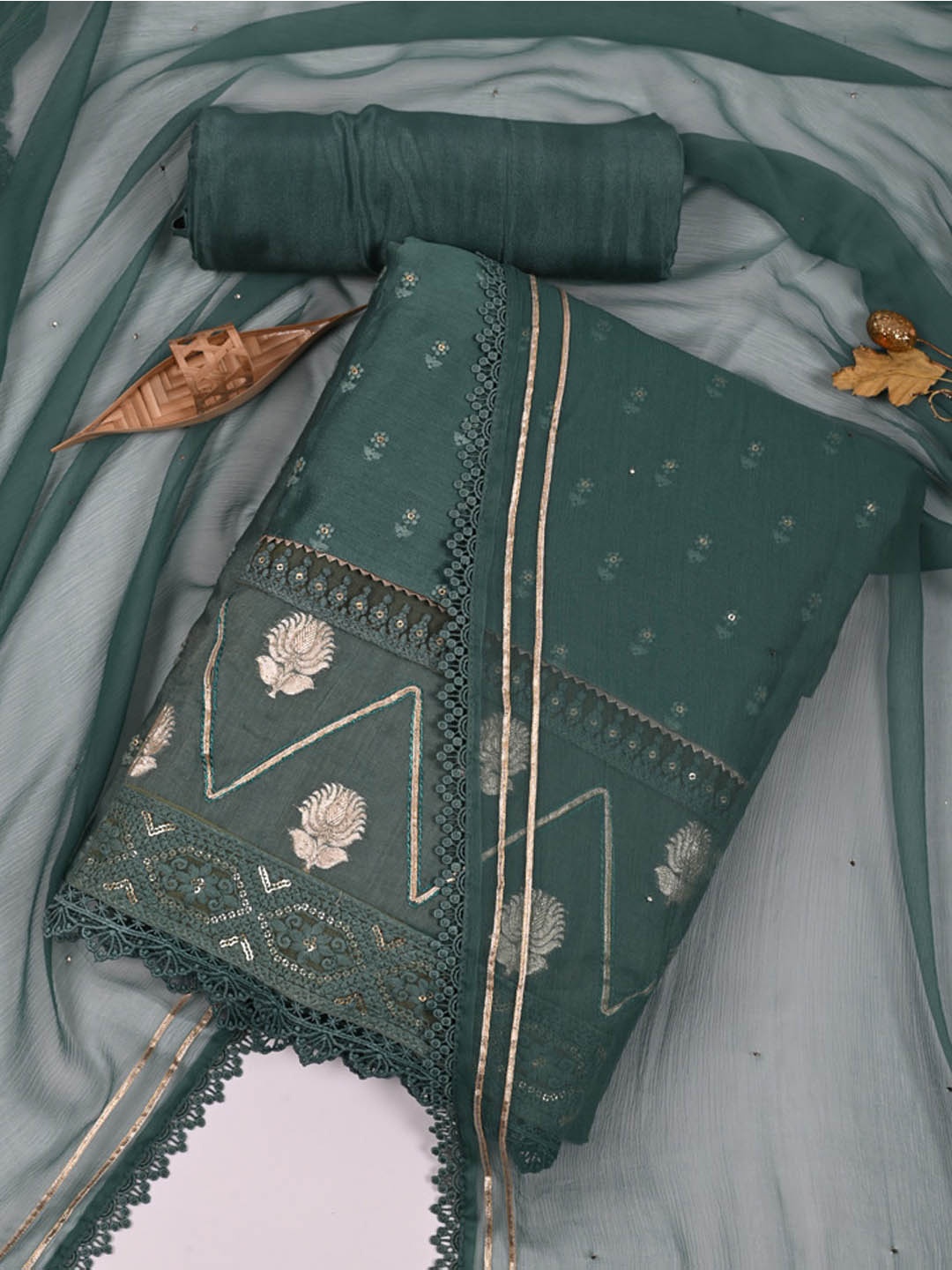 

Meena Bazaar Ethnic Motifs Embroidered Unstitched Dress Material, Teal
