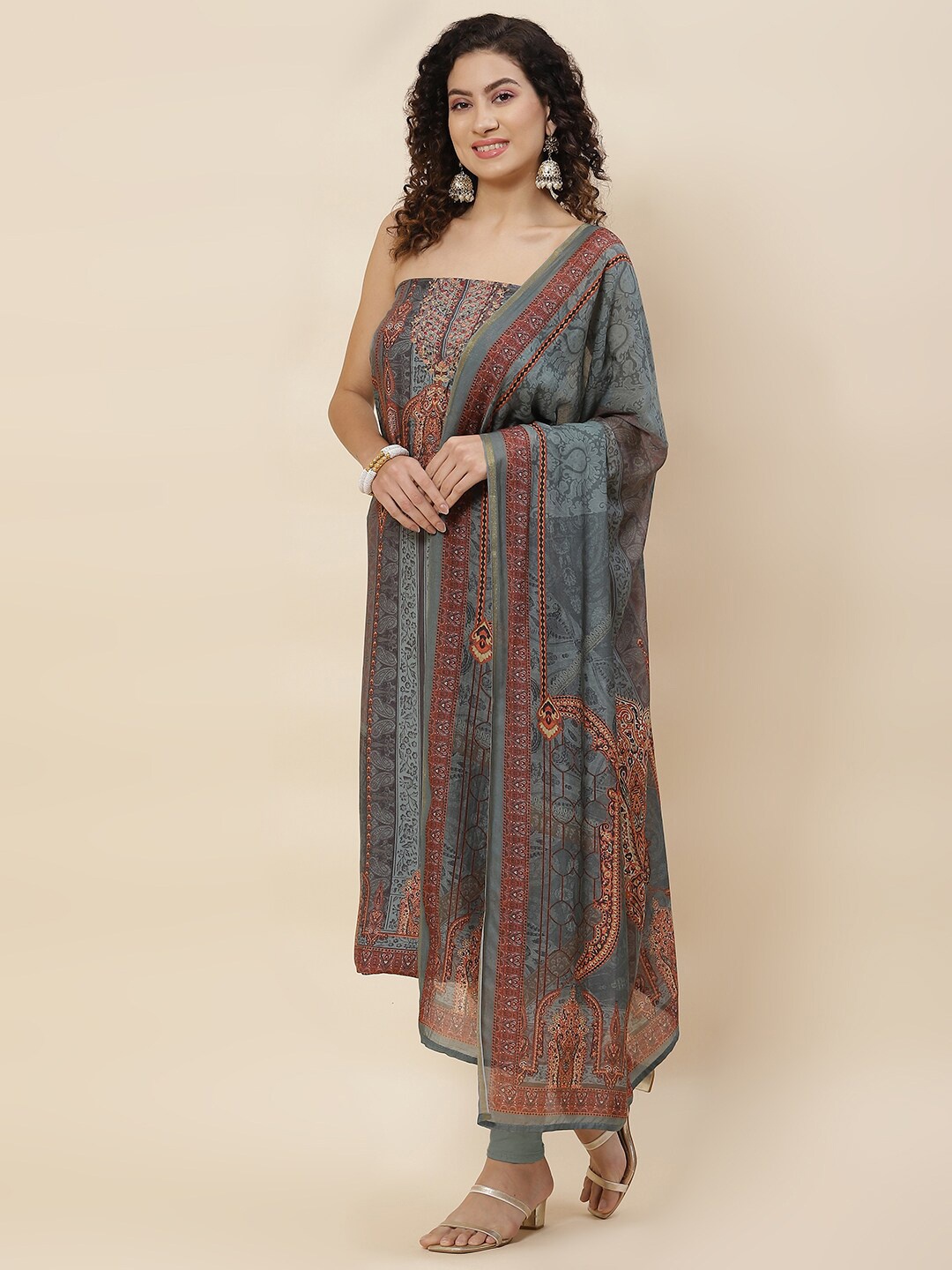 

Meena Bazaar Ethnic Motifs Printed Unstitched Dress Material, Green