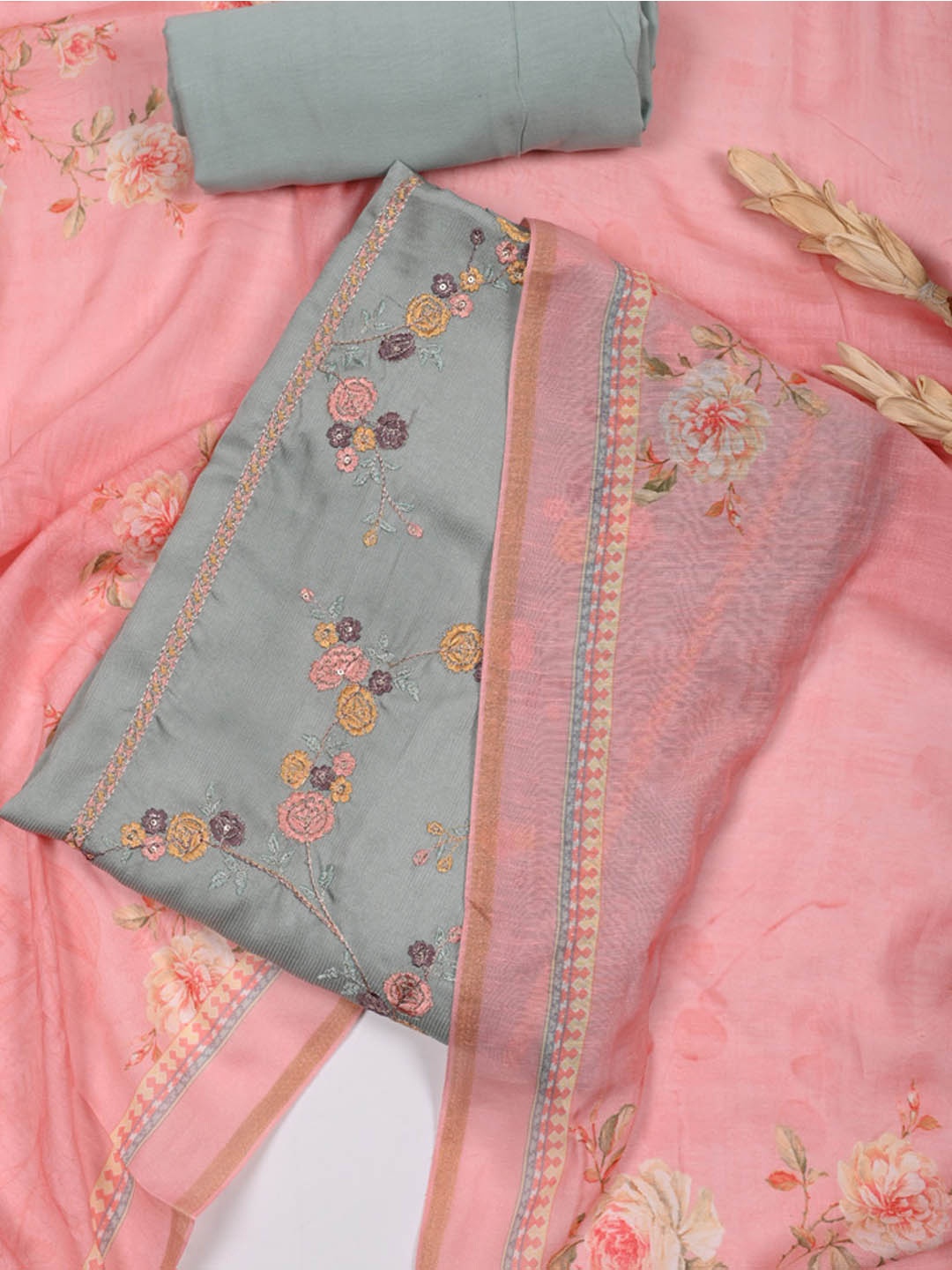 

Meena Bazaar Floral Embroidered Unstitched Dress Material, Grey