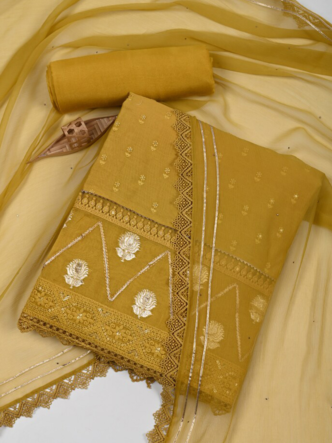 

Meena Bazaar Ethnic Motifs Embroidered Unstitched Dress Material, Mustard