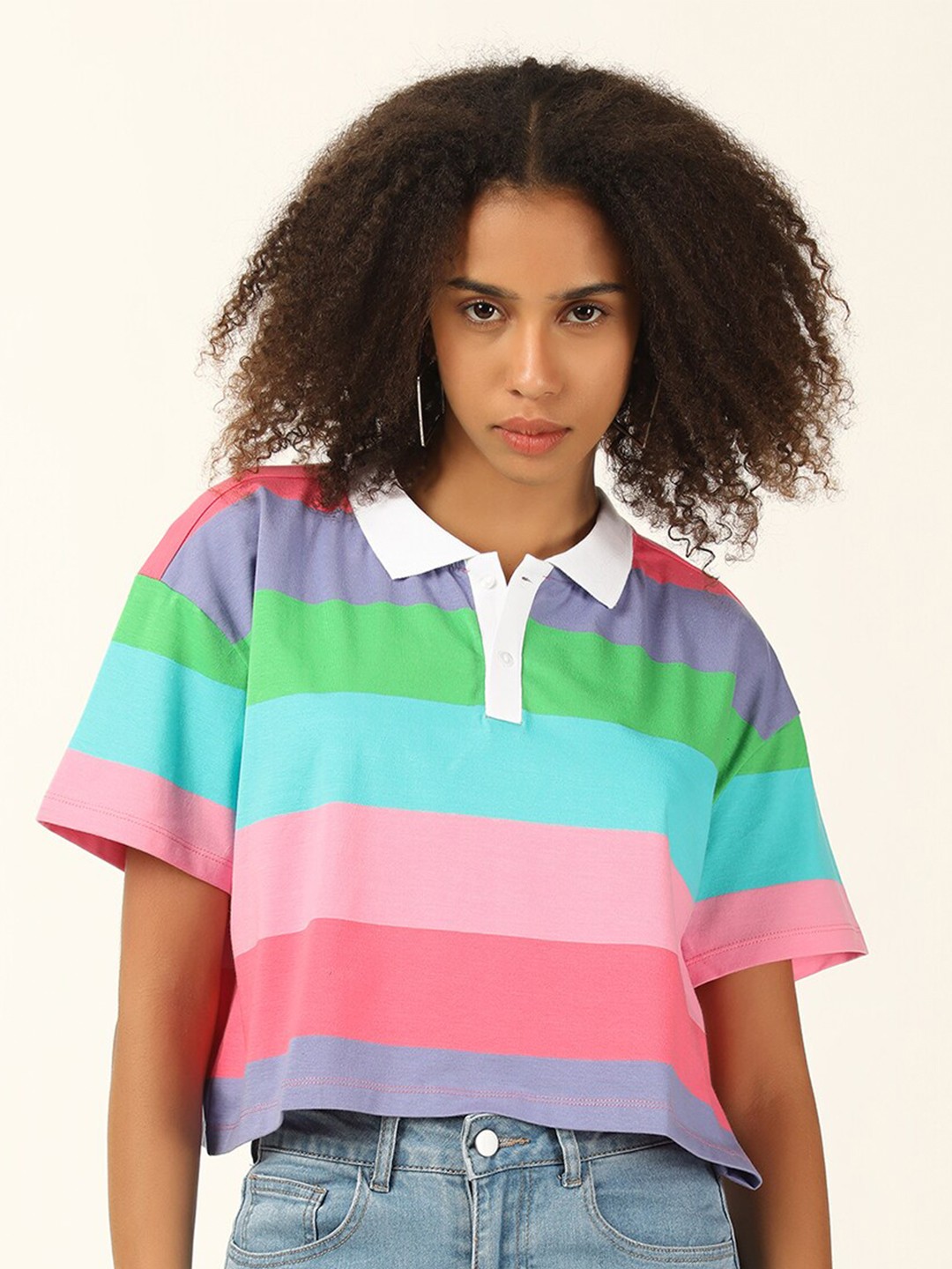 

FOREVER 21Pink & Blue Striped Polo Collar Boxy Top, Pink