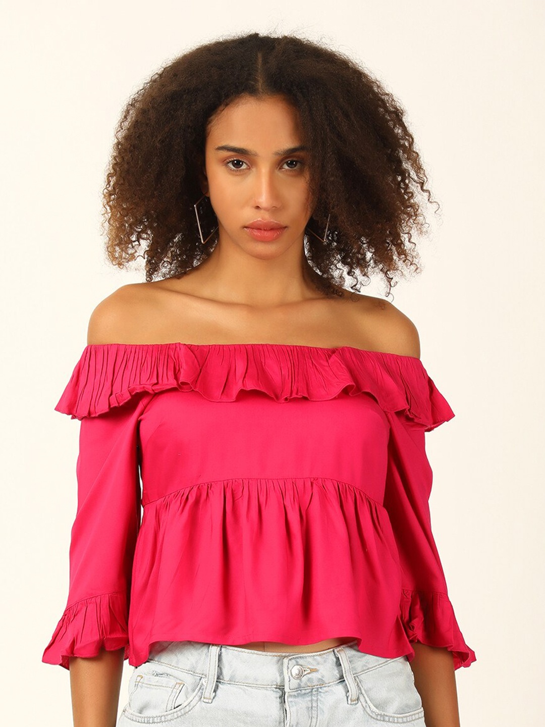 

FOREVER 21 Red Off-Shoulder Ruffled Bell Sleeve Bardot Top