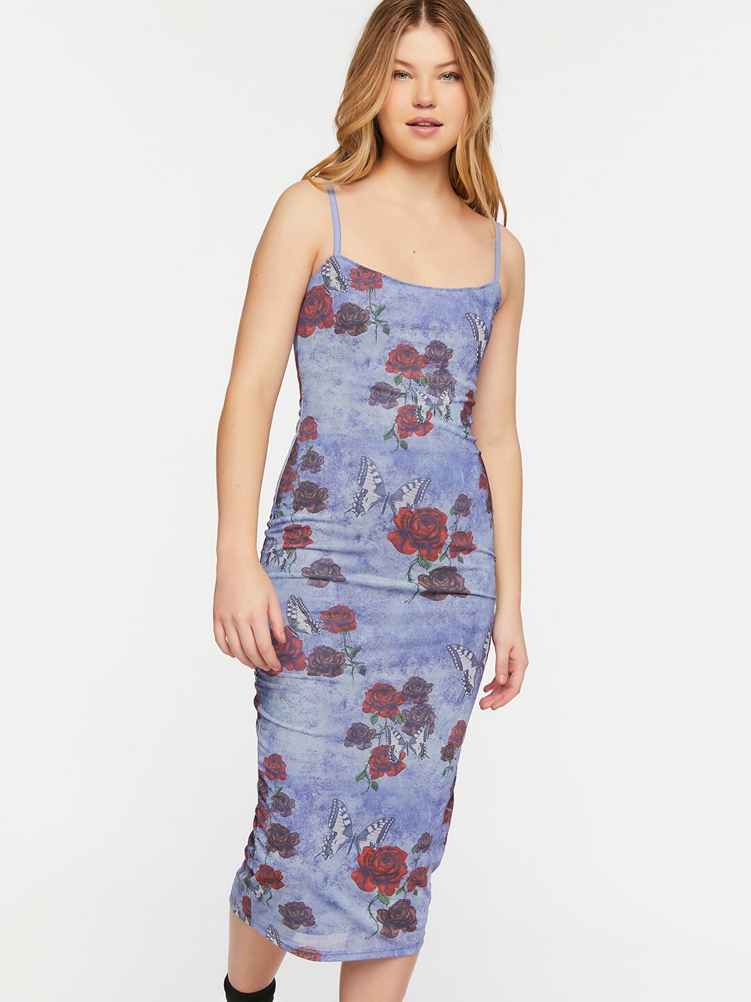 

FOREVER 21 Blue & Red Floral Printed Shoulder Straps Bodycon Dress