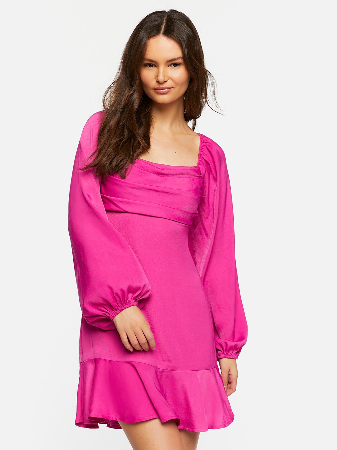 

FOREVER 21 Pink Square Neck Puff Sleeve A-Line Mini Dress