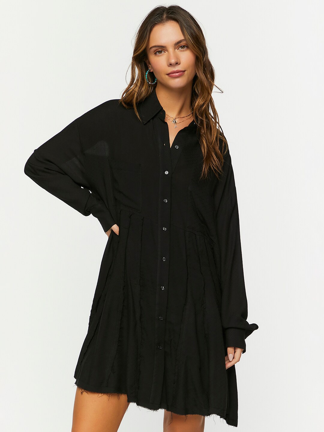 

FOREVER 21 Black Shirt Collar Cuffed Sleeves Pleated Shirt Dress