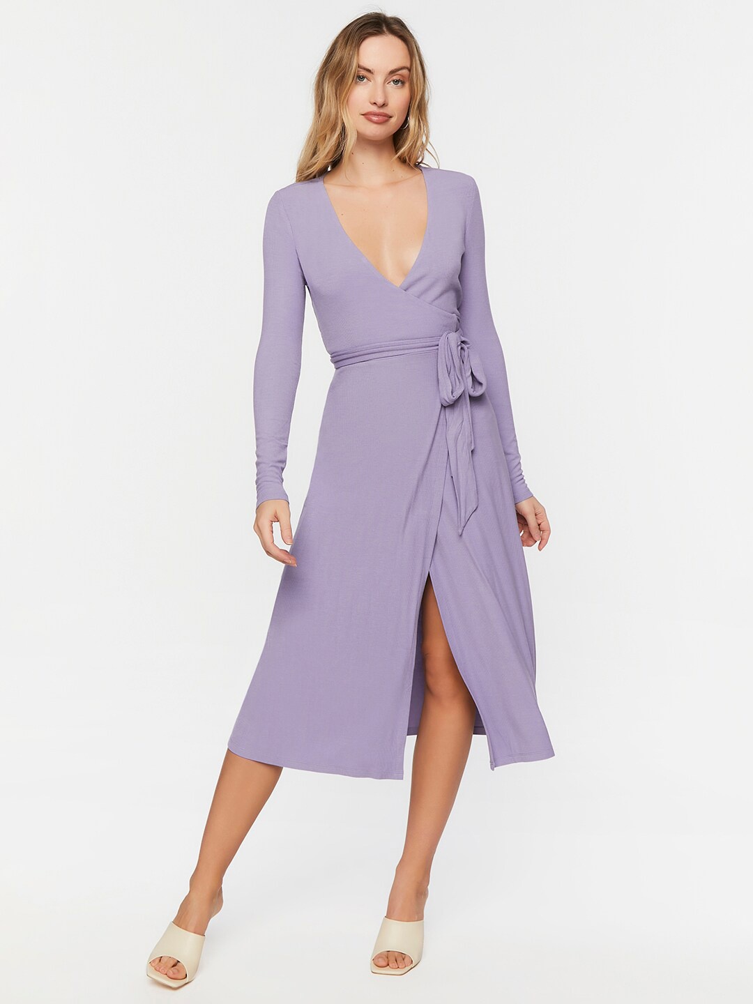 

FOREVER 21 Purple V Neck Tie Ups Wrap Midi Dress