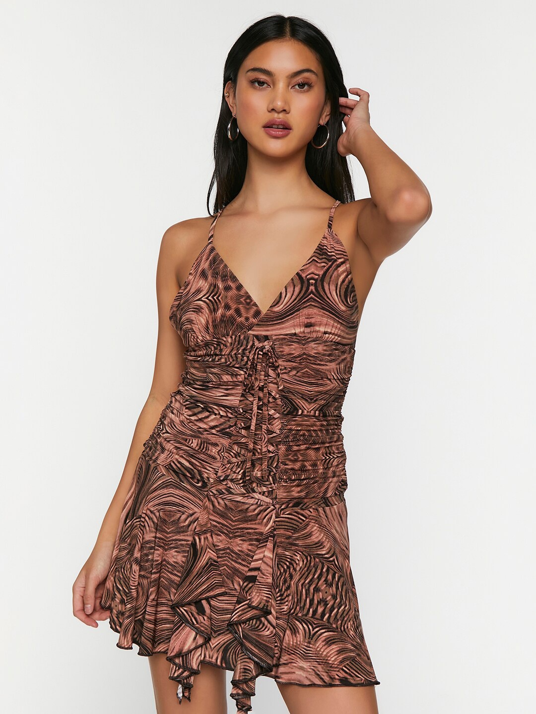 

FOREVER 21 Brown Abstract Printed Shoulder Strap Ruched Tie ups A-Line Dress
