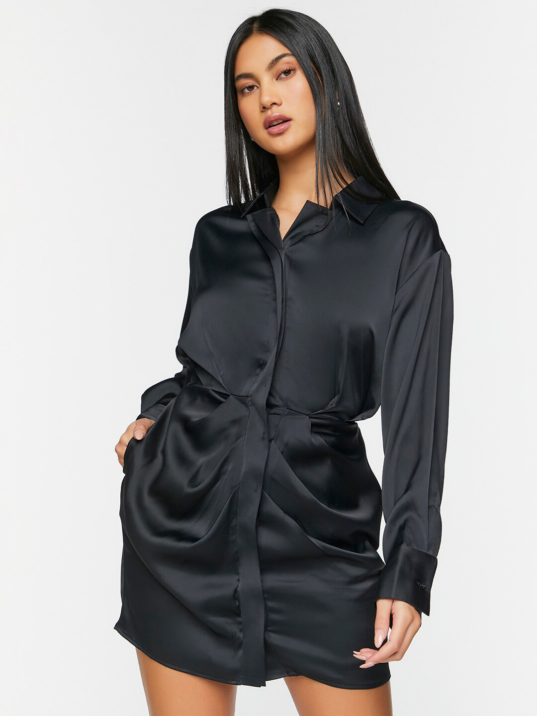 

FOREVER 21 Black Shirt Collar Cuffed sleeves Mini Shirt Dress