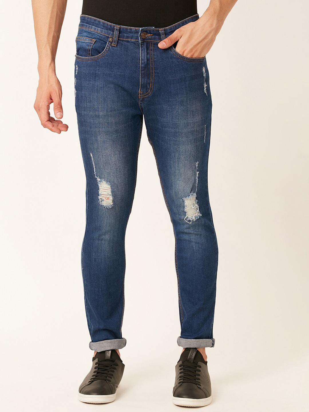 

FOREVER 21 Men Navy Blue Light Fade Mildly Distressed Jeans