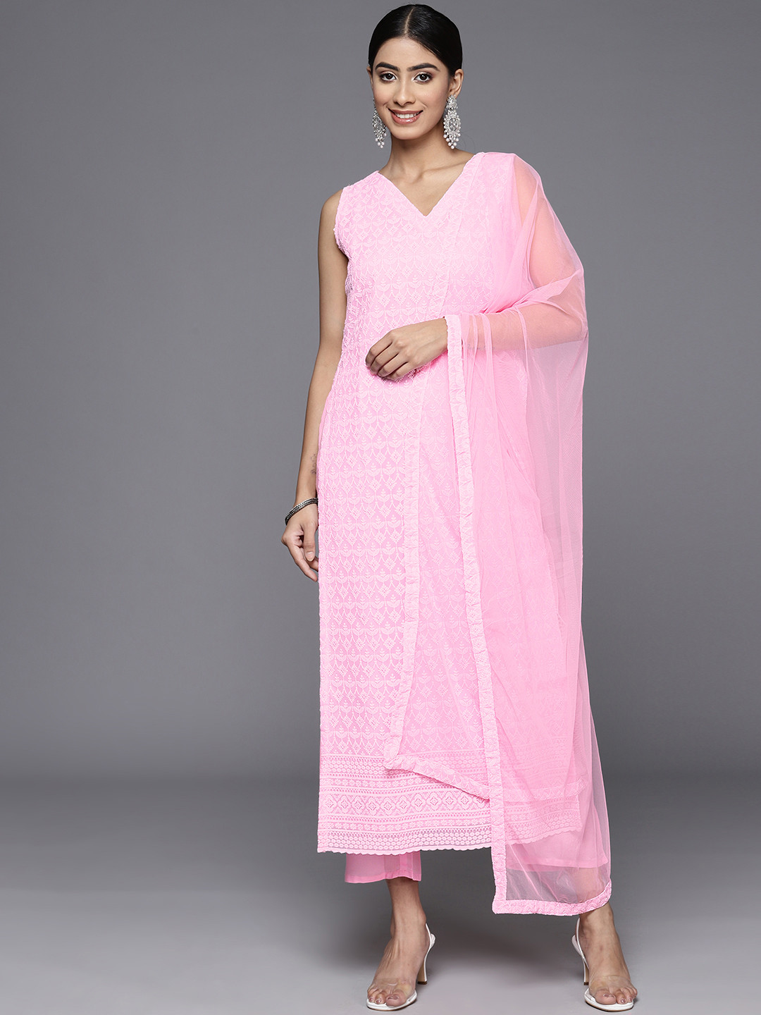 

Libas Women Floral Chikankari Embroidered Regular Kurta with Trousers & Dupatta, Pink