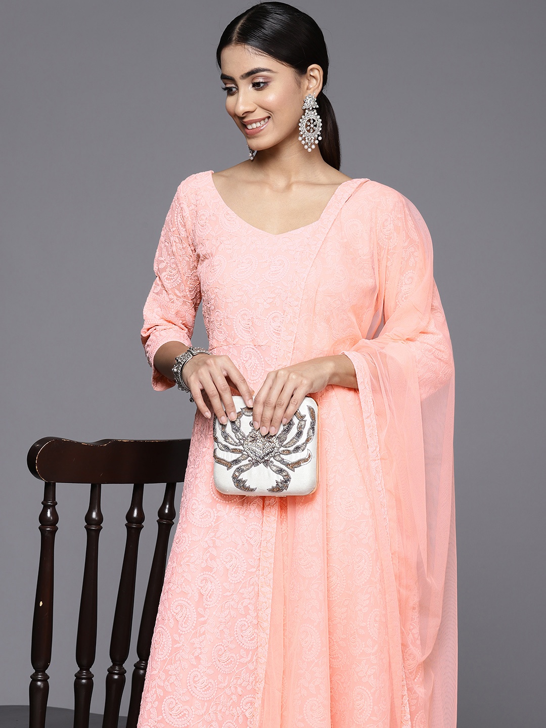 

Libas Women Floral Embroidered Regular Thread Work Kurta with Churidar & Dupatta, Peach