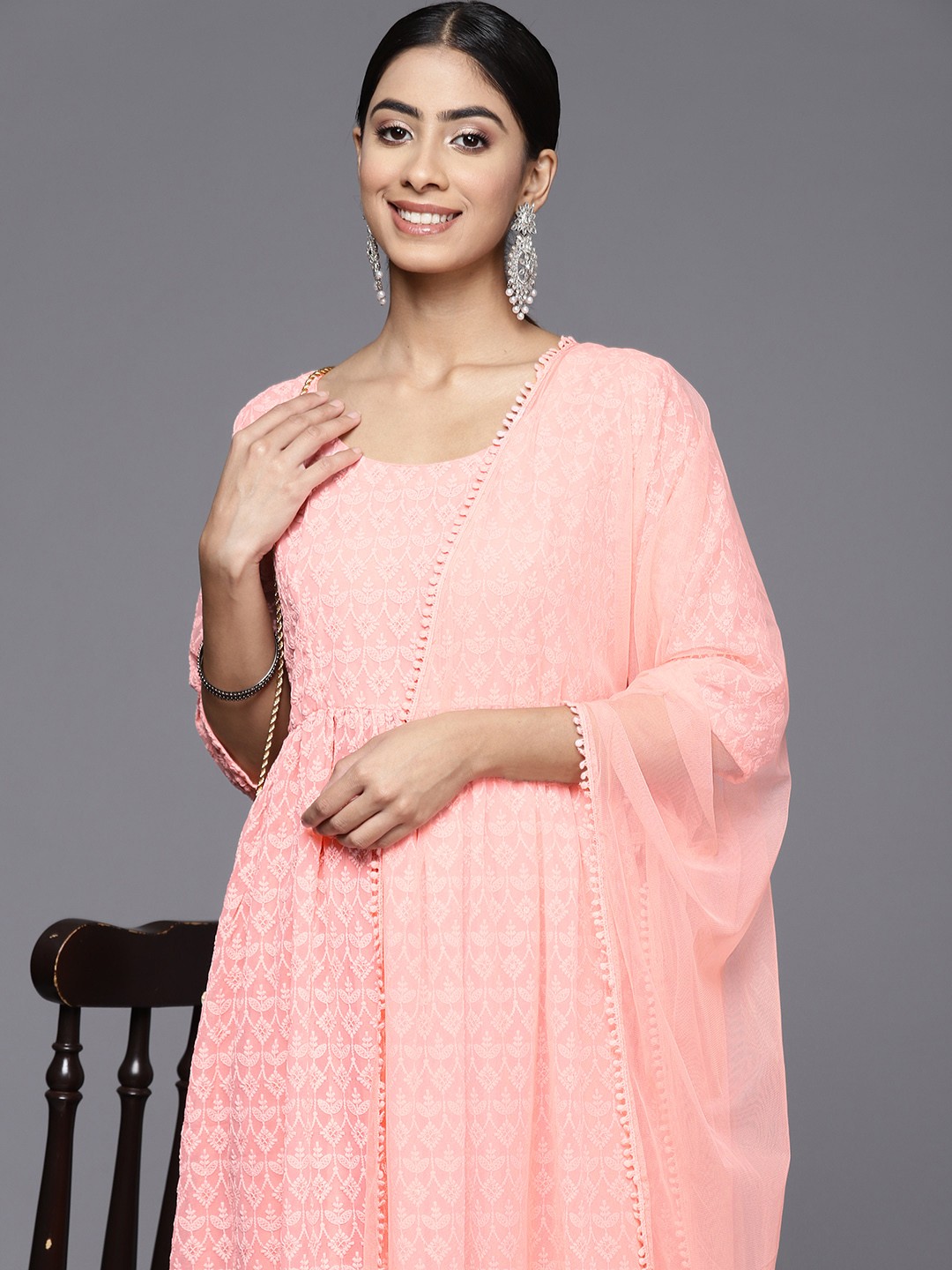 

Libas Women Floral Embroidered High Slit Chikankari Kurta with Palazzos & With Dupatta, Peach