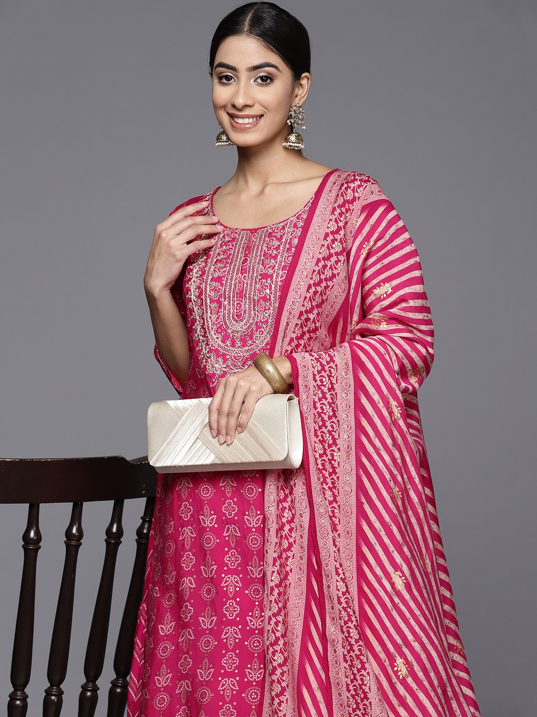 

Libas Women Bandhani Yoke Design Regular Kurta with Skirt & With Dupatta, Magenta