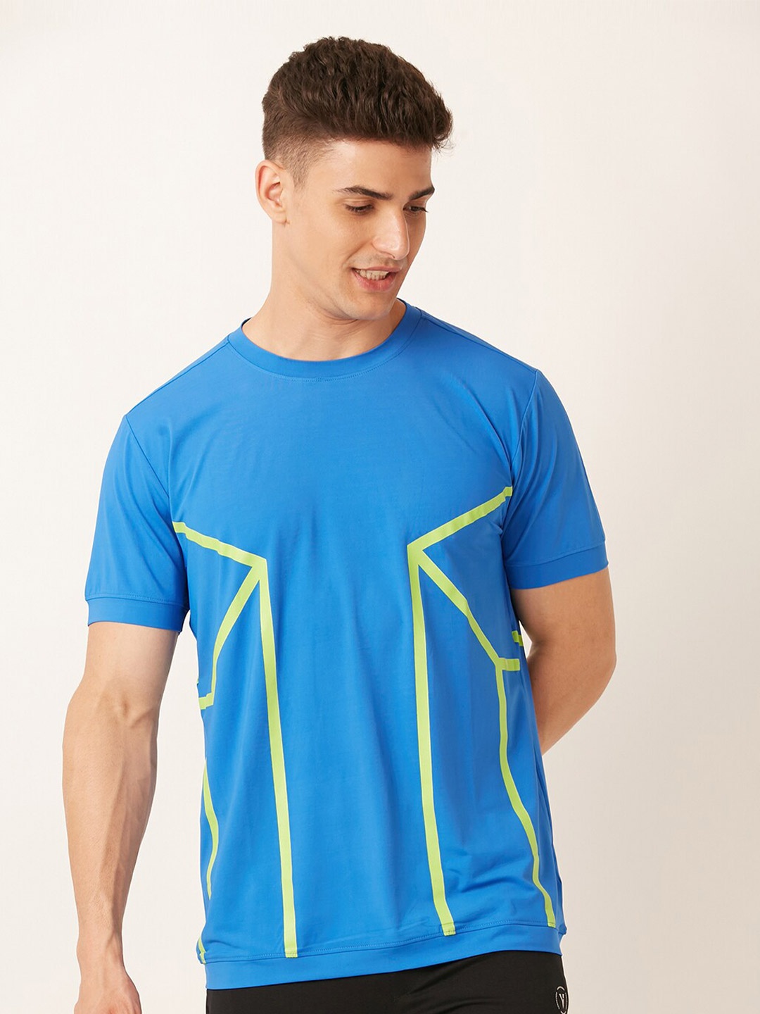 

FOREVER 21 Blue & Lime Green Printed Round Neck T-shirt