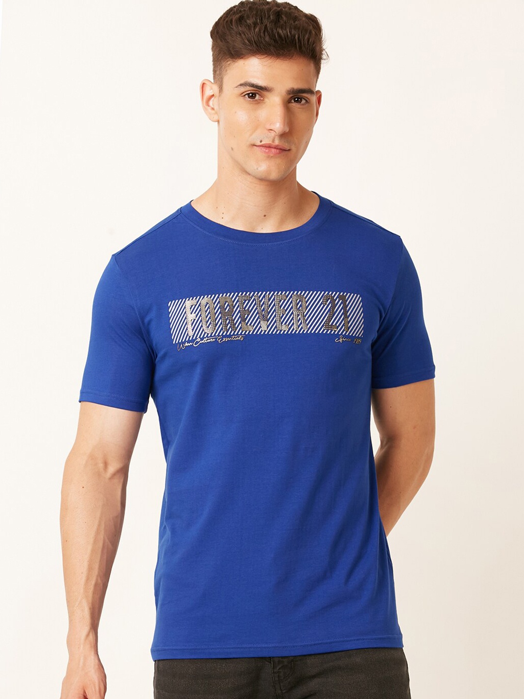

FOREVER 21 Typography Printed Cotton T-Shirt, Blue